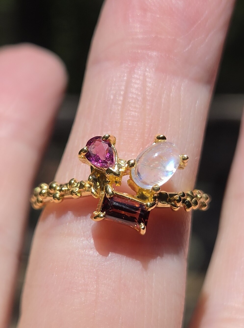 Moonstone Garnet & Rhodolite Sterling & Gold Ring Sz6.5 - Picture 5 of 8
